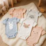 Baby Girls 5-Pack Onesies Bodysuits laid flat, featuring unicorn, floral, and pastel designs with snap closures and soft cotton fabric.