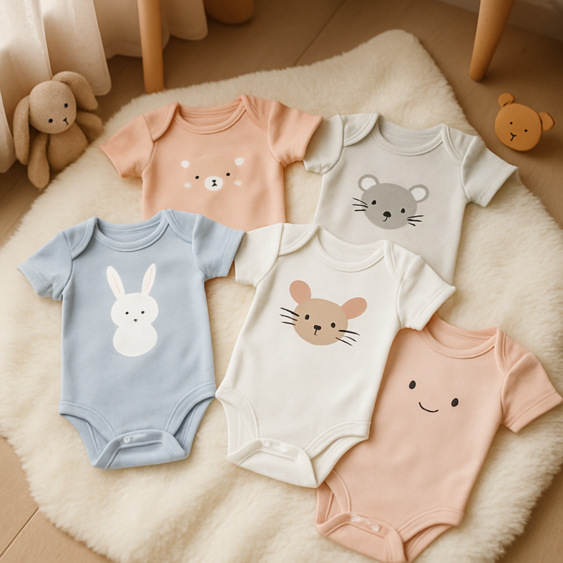 Baby Girls 5-Pack Onesies Bodysuits laid flat, featuring unicorn, floral, and pastel designs with snap closures and soft cotton fabric.